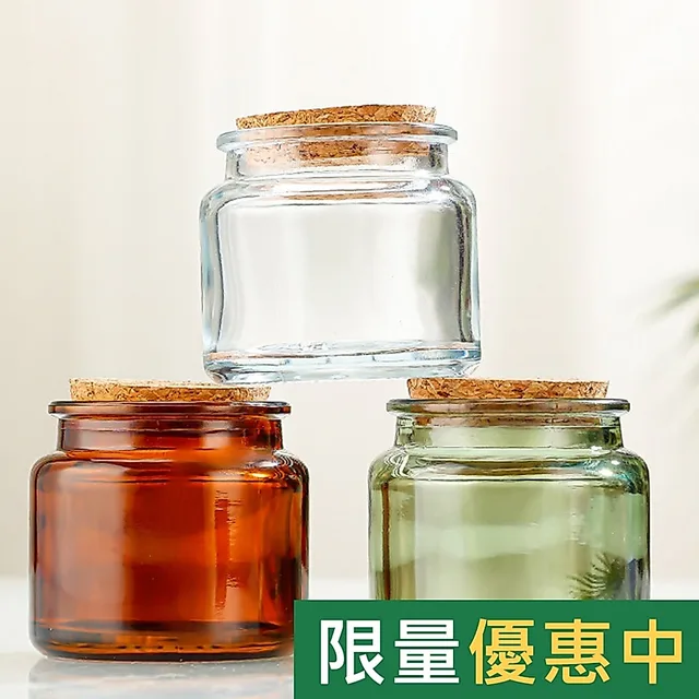 透明、琥珀與綠色軟木塞玻璃燭杯商品照片