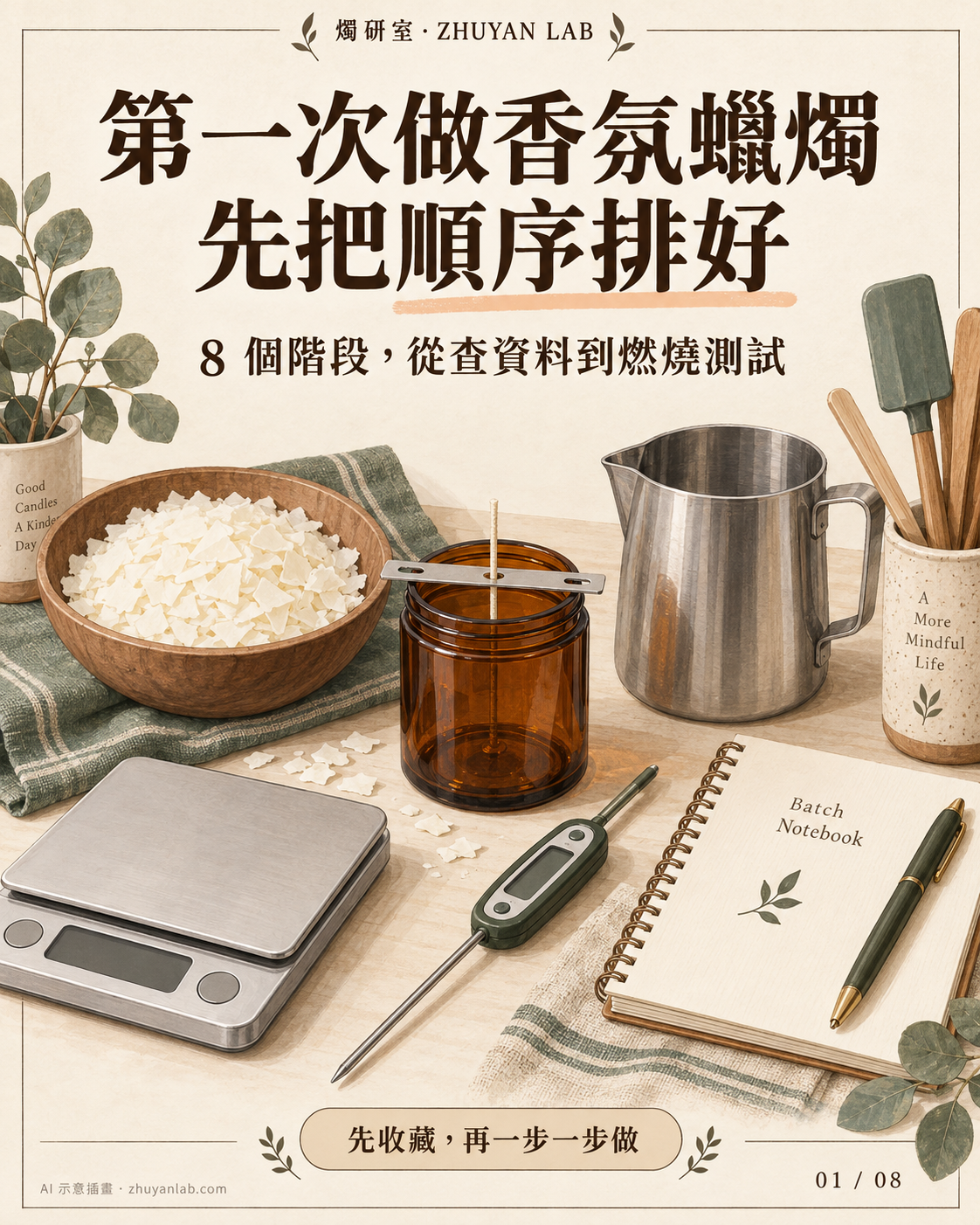 AI 示意插畫：流程總覽，八頁圖解第 1 頁