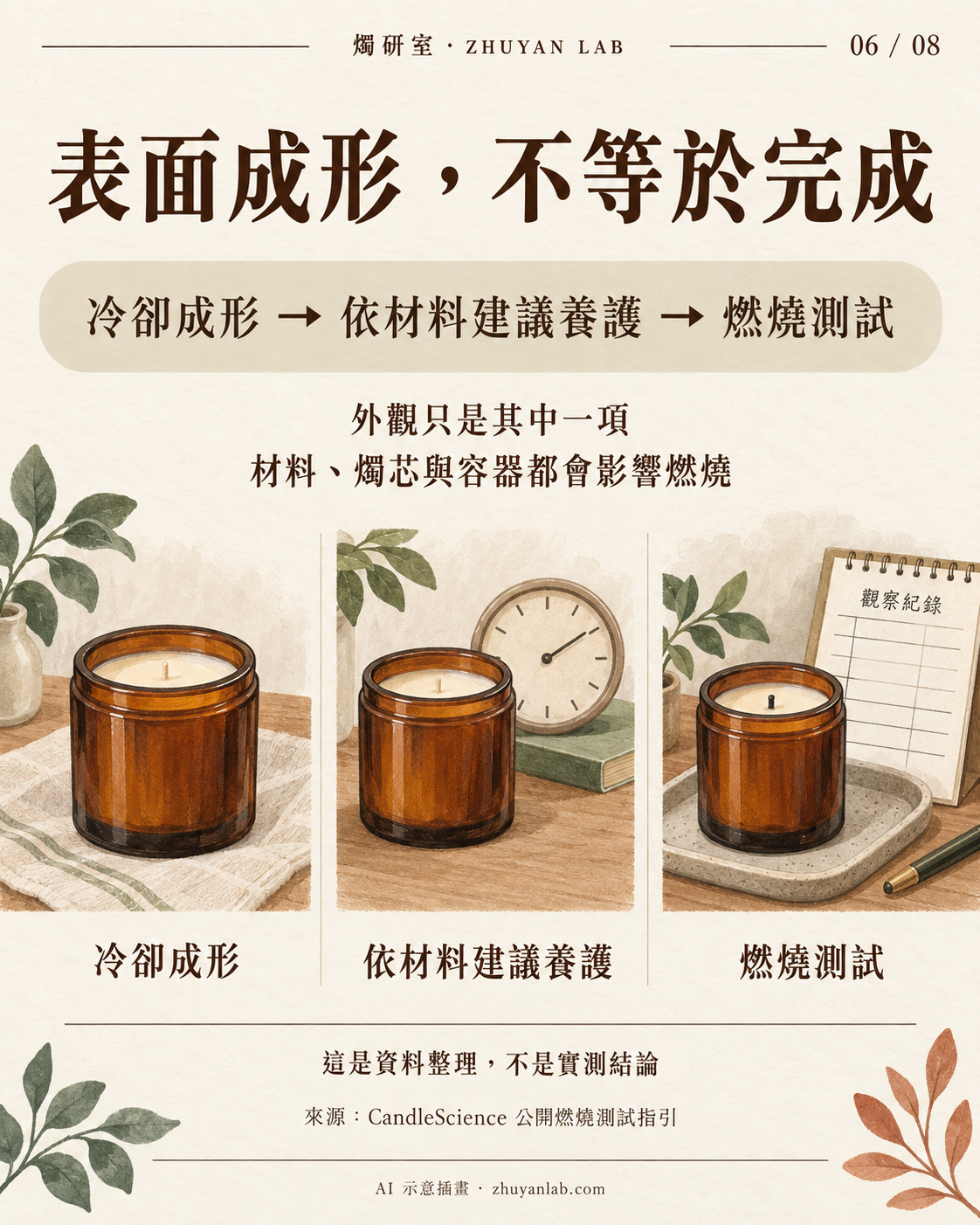 AI 示意插畫：養護與燃燒測試，八頁圖解第 6 頁